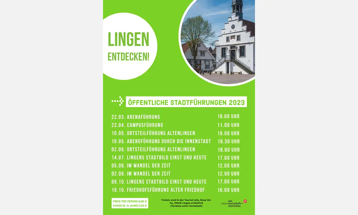 „Übersicht aller öffentlichen Stadtführungen 2023“. (© Stadt Lingen)