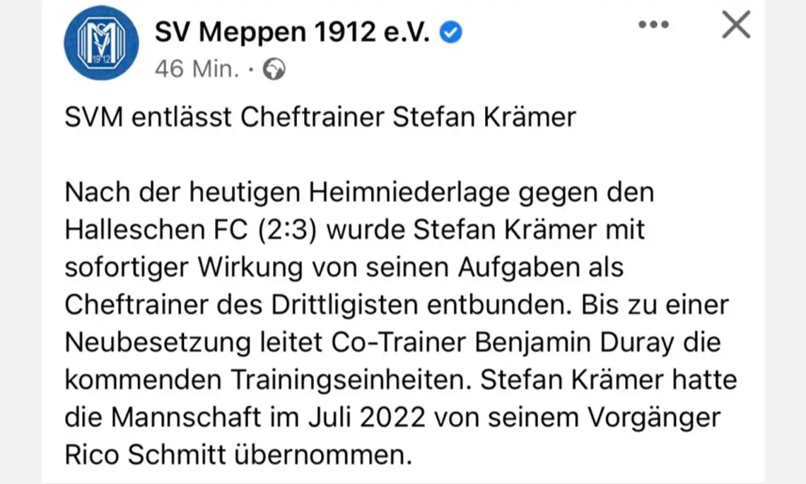 Via Facebook wurde die Entscheidung verkündet (Screenshot: Facebookseite des SV Meppen)